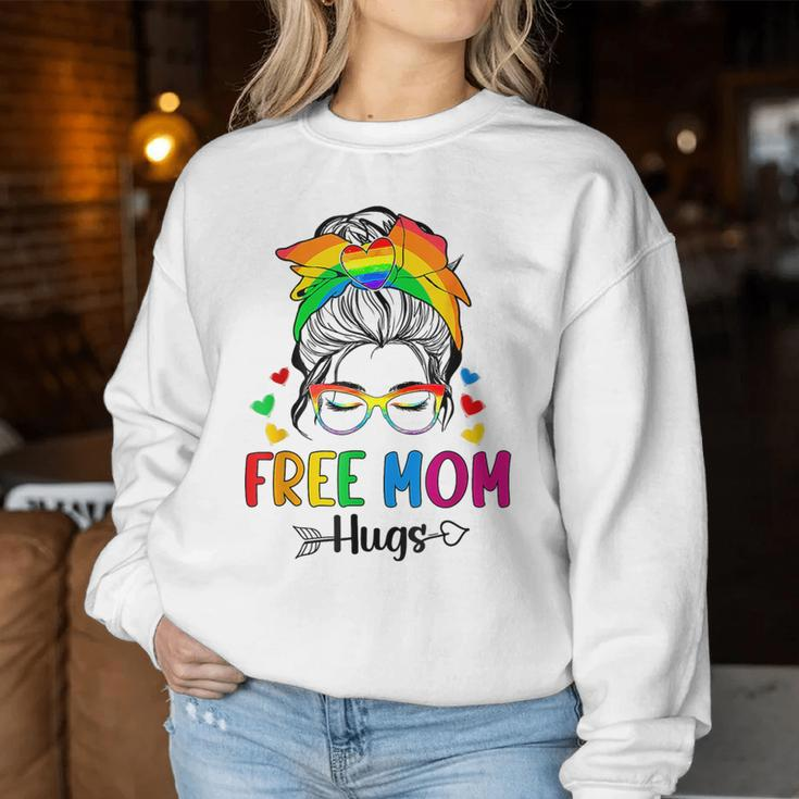 Free Mom Hugs Messy Bun Rainbow Gay Trans Pride Mother Day Women Sweatshirt Funny Gifts