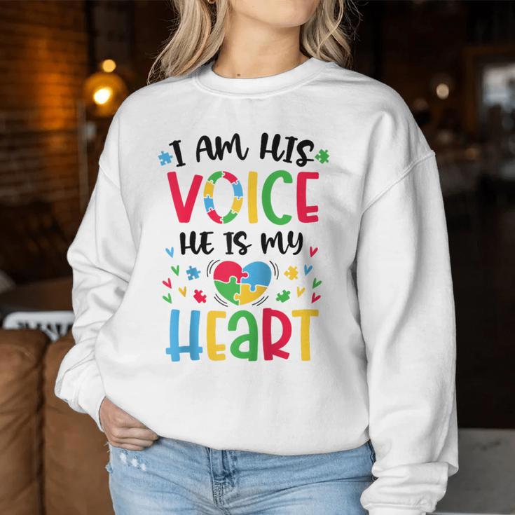 Ich Bin Seine Stimme Er Ist Mein Herz Autismusbewusstsein Asd Mama Papa Raglan Sweatshirt Frauen Lustige Geschenke