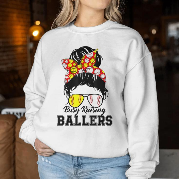 Messy Bun Mom Of Both Baseball Softball Busy Raising Ballers Women Sweatshirt Unique Gifts