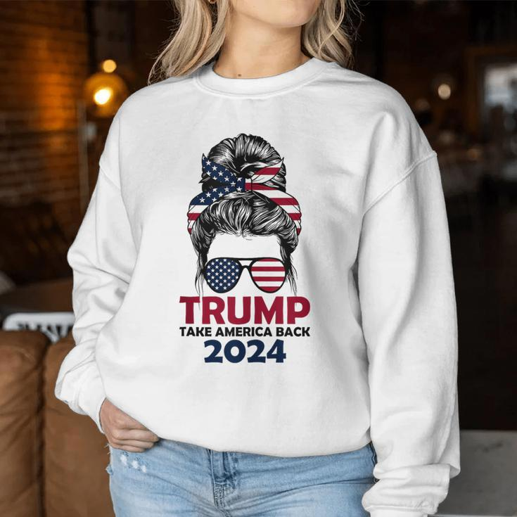 Messy Bun Support Trump 2024 Flag Take America Back Women Sweatshirt Funny Gifts