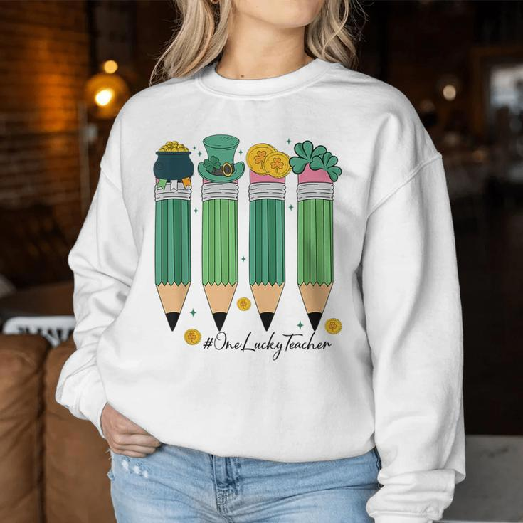 One Lucky Teacher Retro Pencils St Patrick's Day Shamrocks Women Sweatshirt Funny Gifts