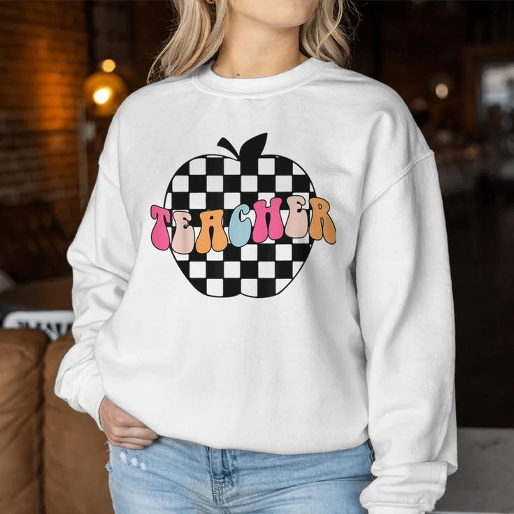 Retro Black And White Checkered Apple Teacher Women Sweatshirt Funny Gifts