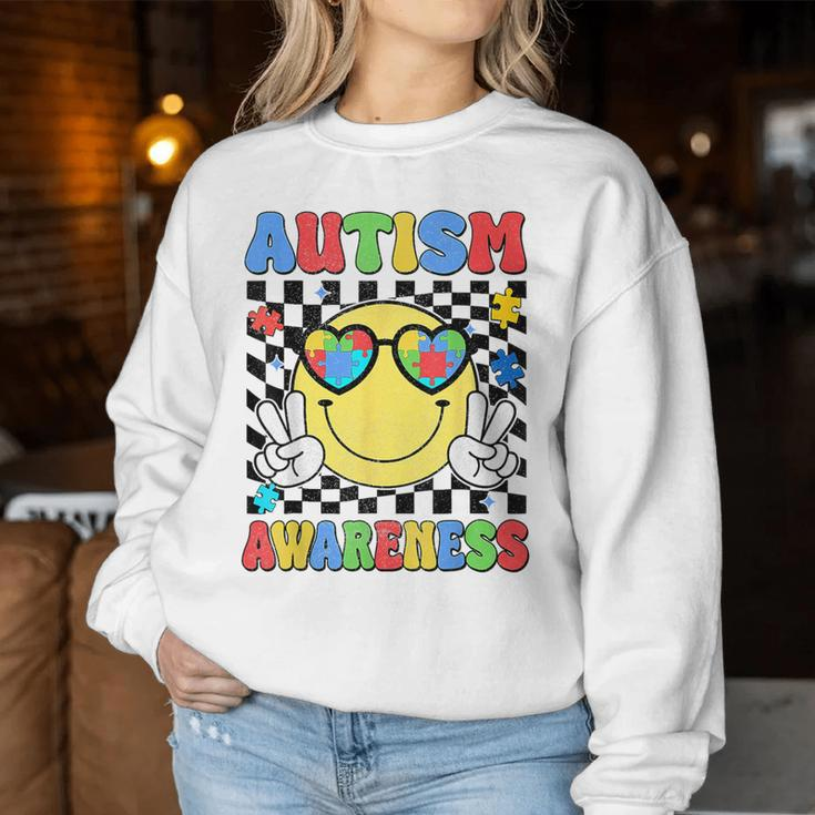 Retro Groovy Autism Awareness Hippie Smile Face Boy Girl Kid Women Sweatshirt Unique Gifts