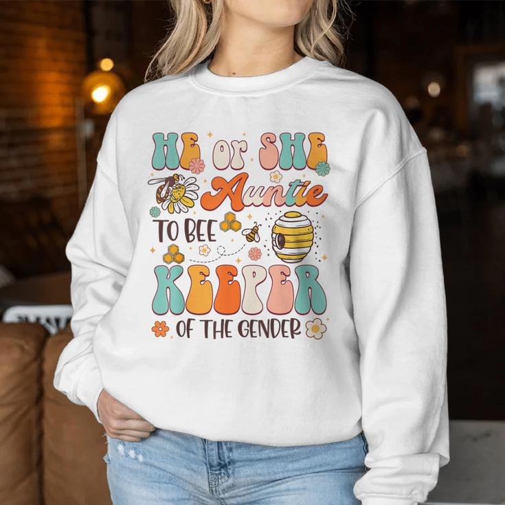 He Or She Auntie To Bee Keeper Of The Gender Reveal Groovy Women Sweatshirt Unique Gifts