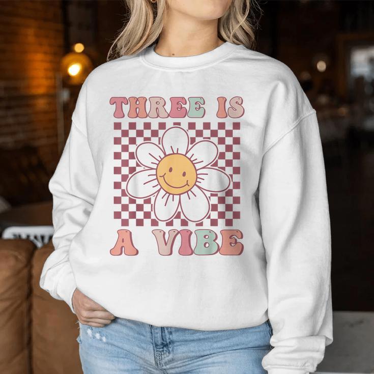 Three Is A Vibe Cute Groovy 3Rd Birthday Party Daisy Flower Women Sweatshirt Unique Gifts