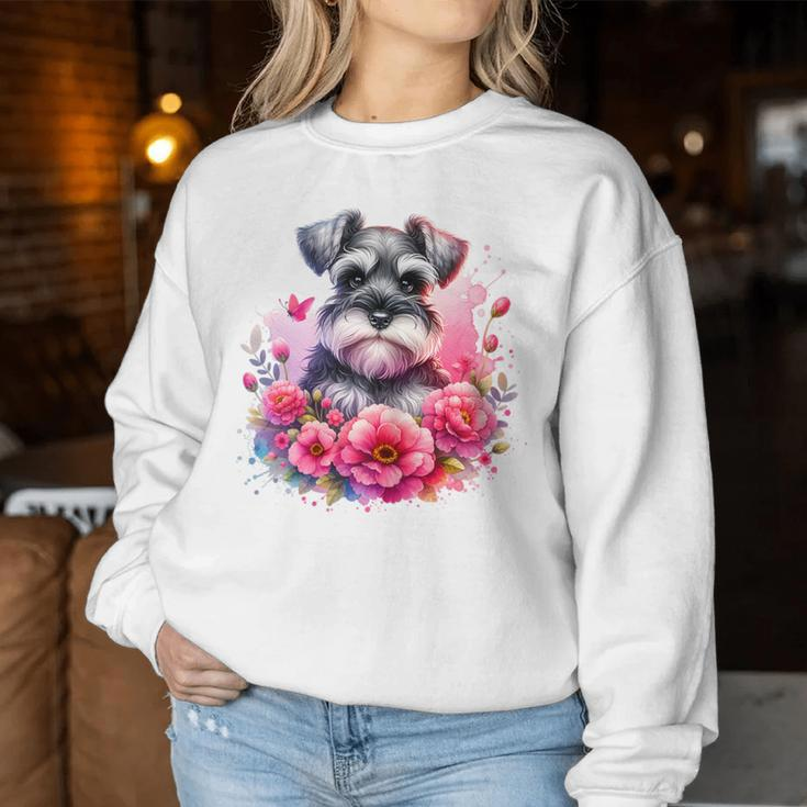 Watercolor Cute Miniature Schnauzer Dog Mom Pink Flowers Women Sweatshirt Funny Gifts