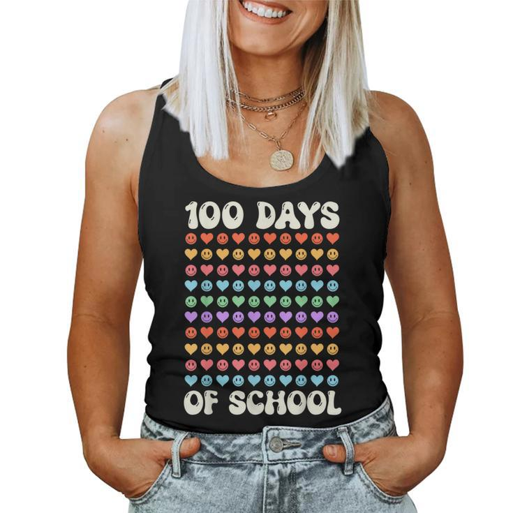 100Th Day 100 Days Of School Retro Groovy Hearts 100Th Women Tank Top