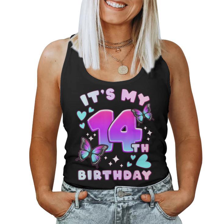 14Th Birthday Girl 14 Years Butterflies And Number 14 Women Tank Top