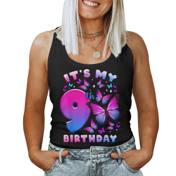 Birthday Girl 9 Year Old Butterfly Number 9 Women Tank Top