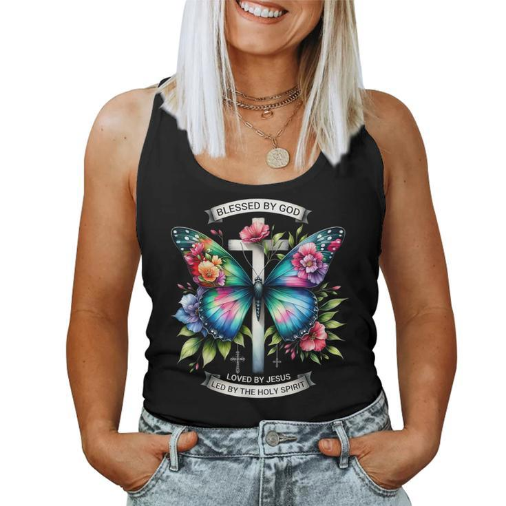 Blessed By God Loved By Jesus Christian Jesus Butterfly Women Tank Top