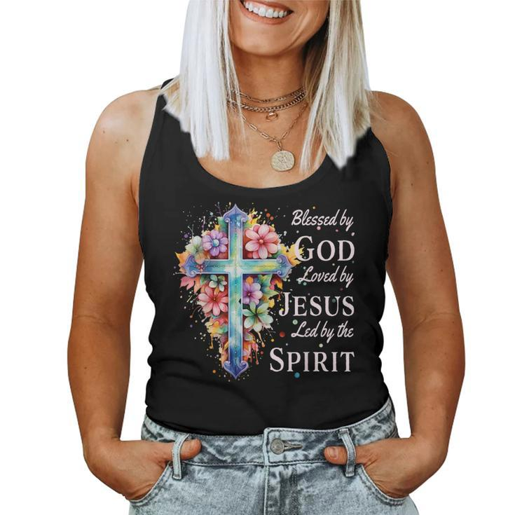 Blessed By God Loved By Jesus Floral Cross Christian Women Tank Top