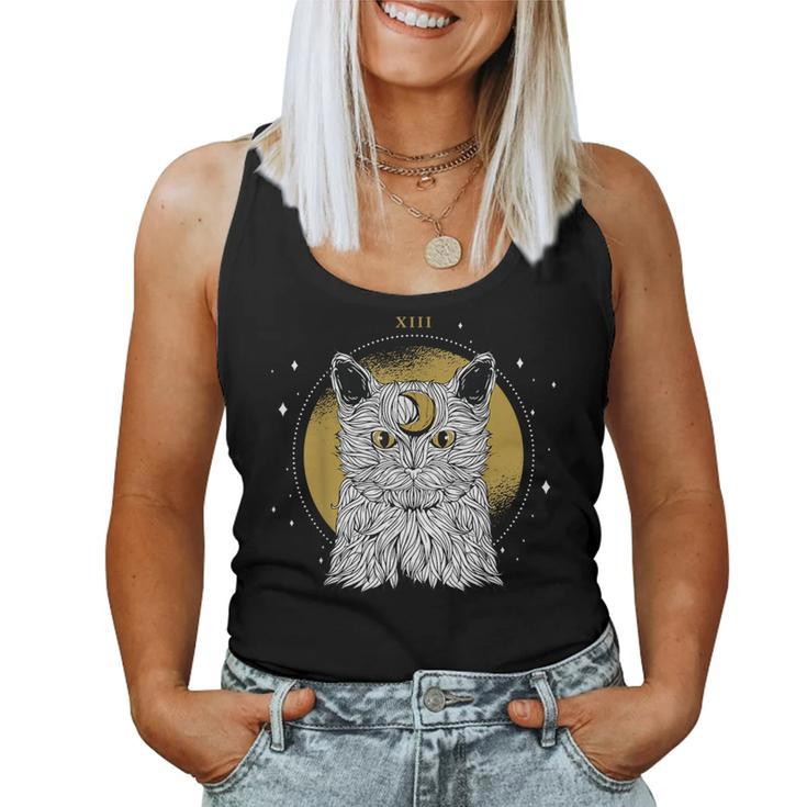 Boho Mystical Feathers Cat Moon Phases Cats Lovers Women Tank Top