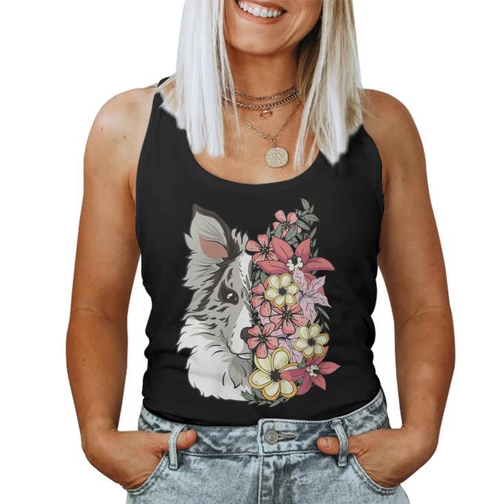 Border Collie Blue Merle Con Flores Cuello Camiseta sin mangas para mujer