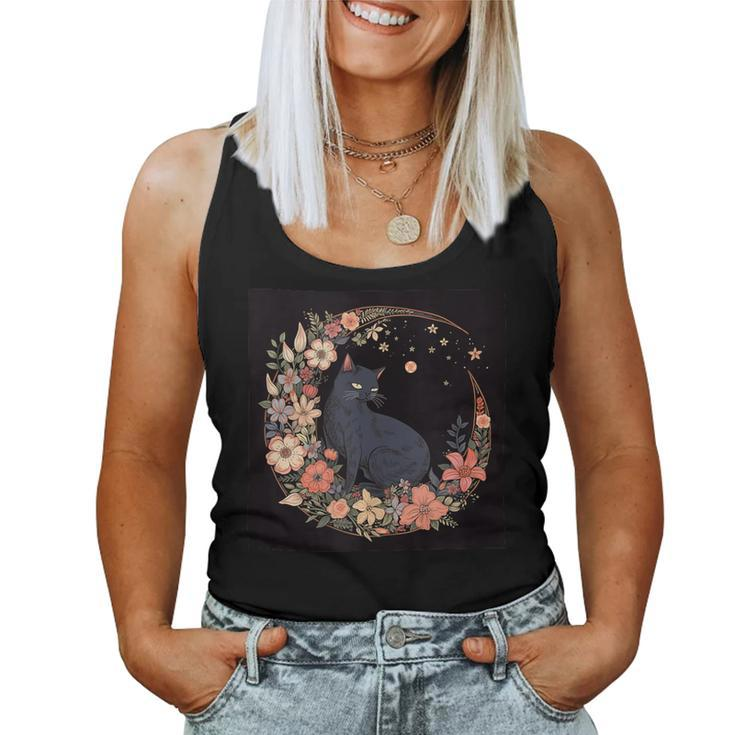 Cat Moon Floral Flowers Graphic Women Tank Top