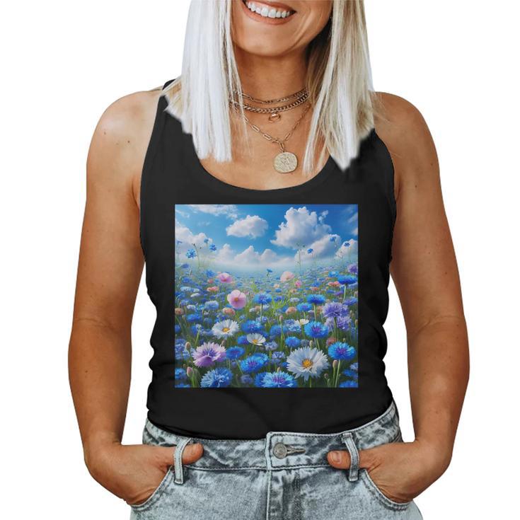 Cute Blue Floral Flowers Blossom Field Women Tank Top