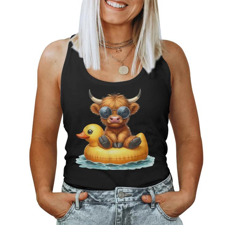 Cute Highland Cow Duck Pool Float Summer Vibes Swimming Women Tank Top