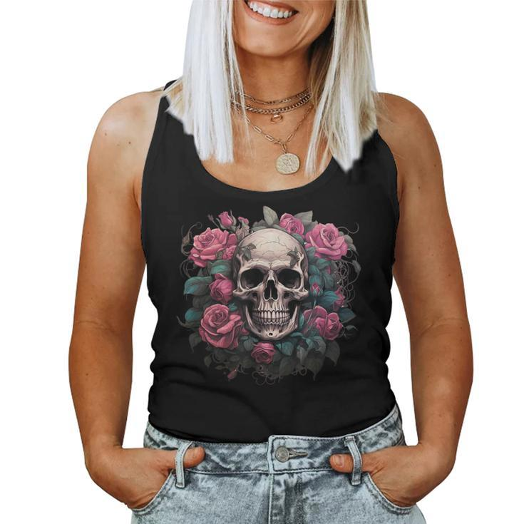 Eternal Harmony Enchanting Cool Skull And Floral Pink Roses Women Tank Top