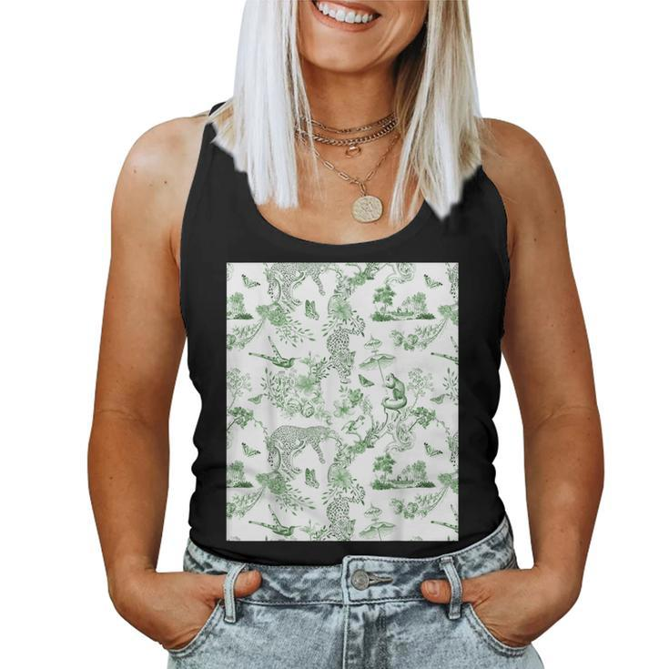 French Green Toile Chinoiserie With Flowers Leopards Women Tank Top