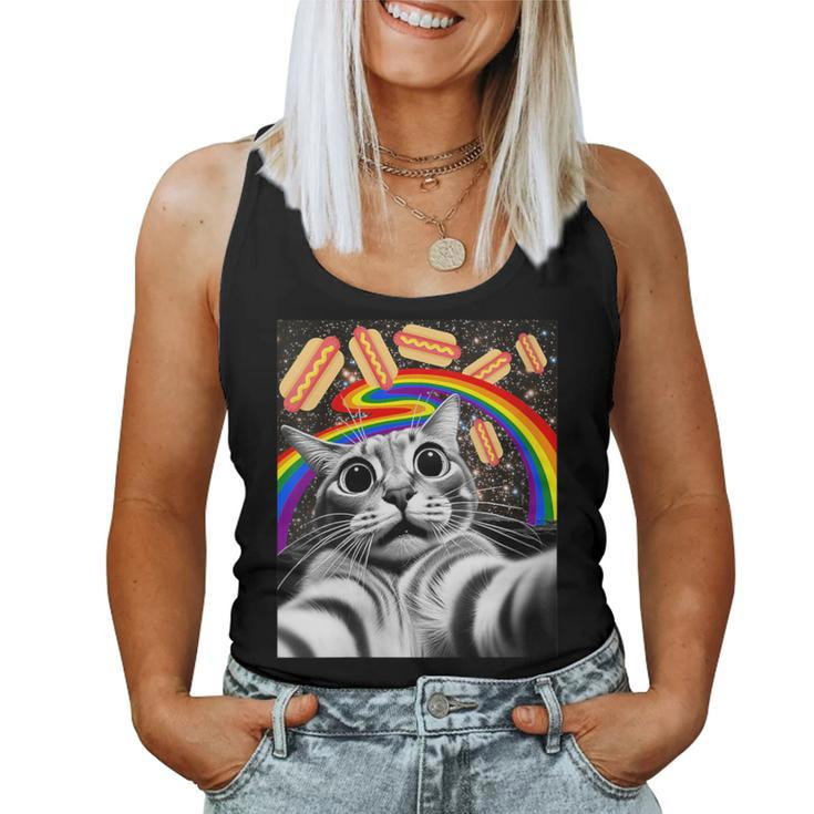 Graphic Rainbow Hotdog Ufos Cosmic Space Selfie Cat Women Tank Top