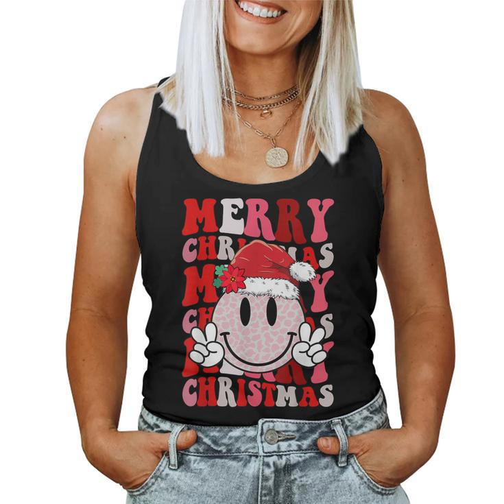 Merry Christmas Smile Face Santa Claus Hat Groovy Retro Women Tank Top