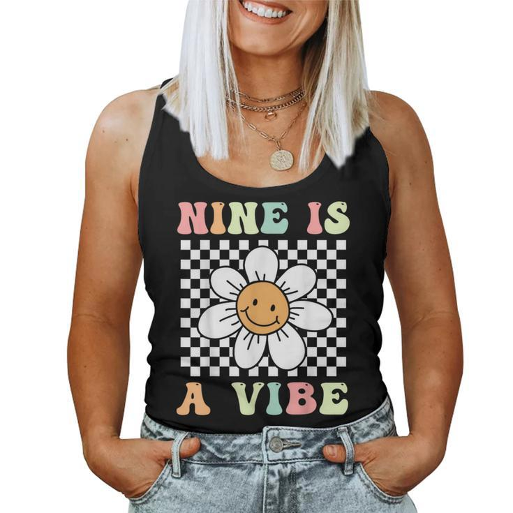 Nine Is A Vibe Cute Groovy 9Th Birthday Party Daisy Flower Women Tank Top