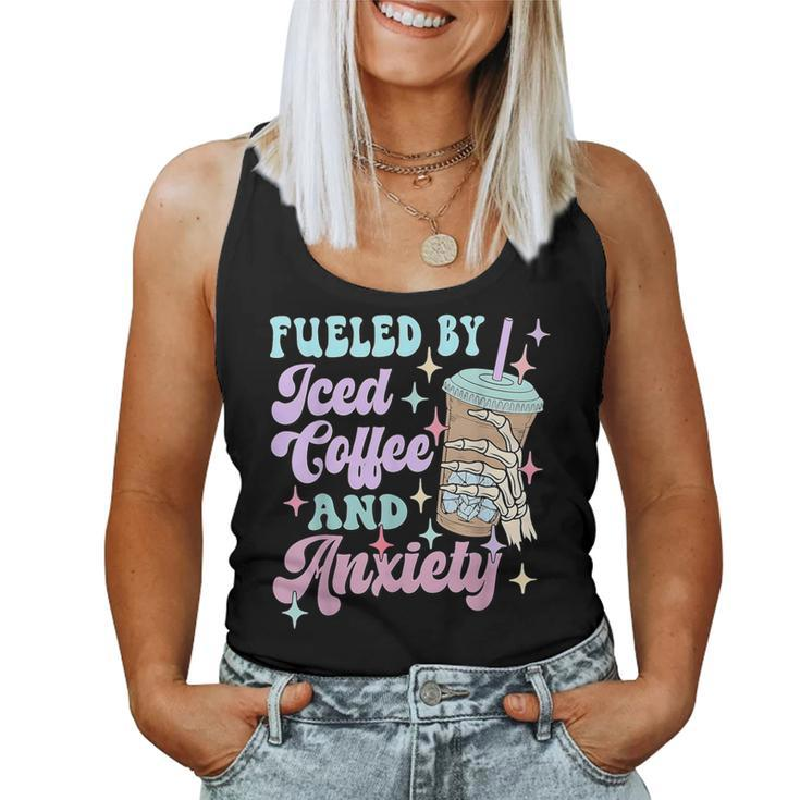 Retro Groovy Coffee Fueled By Iced Coffee And Anxiety Women Tank Top