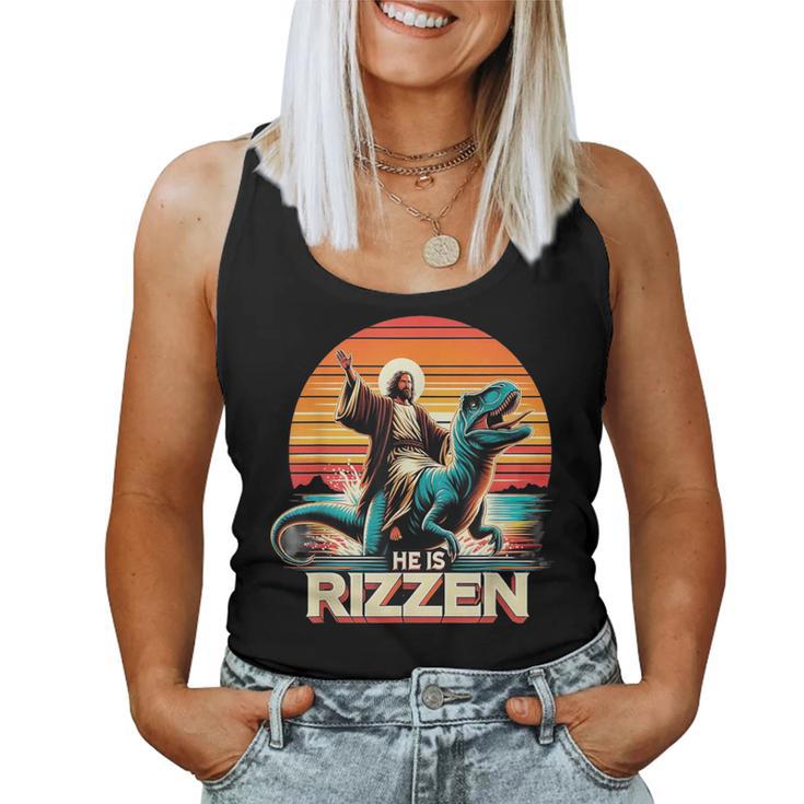 He Is Rizzen Jesus Retro Christian Dinosaur Women Tank Top