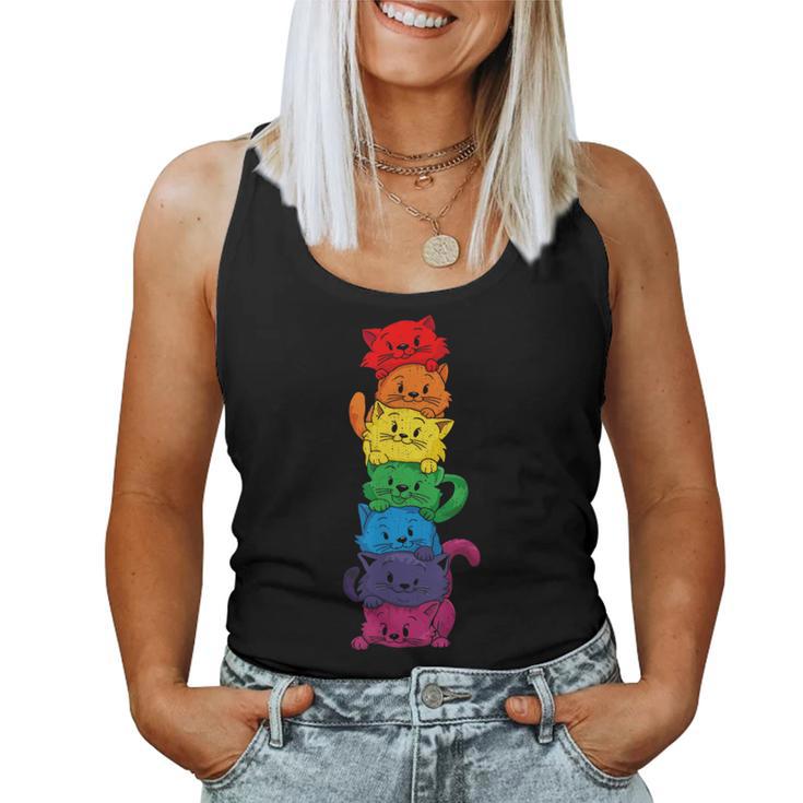 Vintage Lgbt Cat Stack Rainbow Gay Pride For Cat Lover Women Tank Top