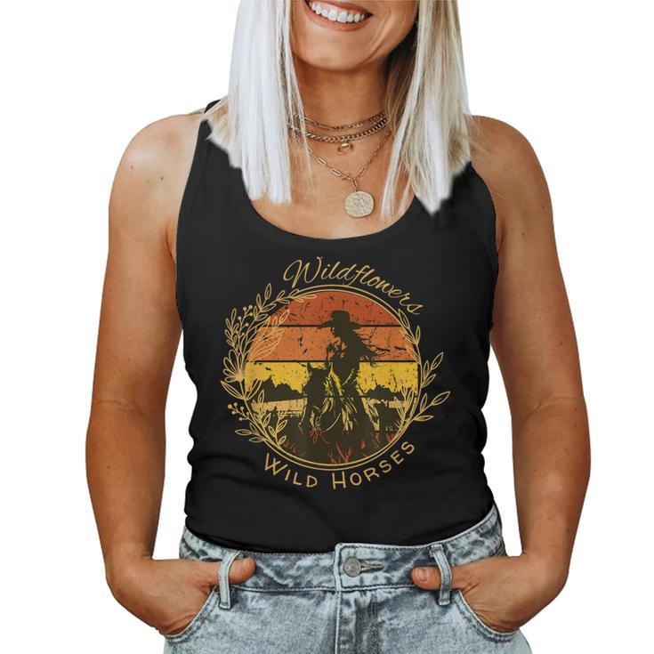 Wild Flowers And Wild Horses Vintage Sunset Country Cowgirl Women Tank Top