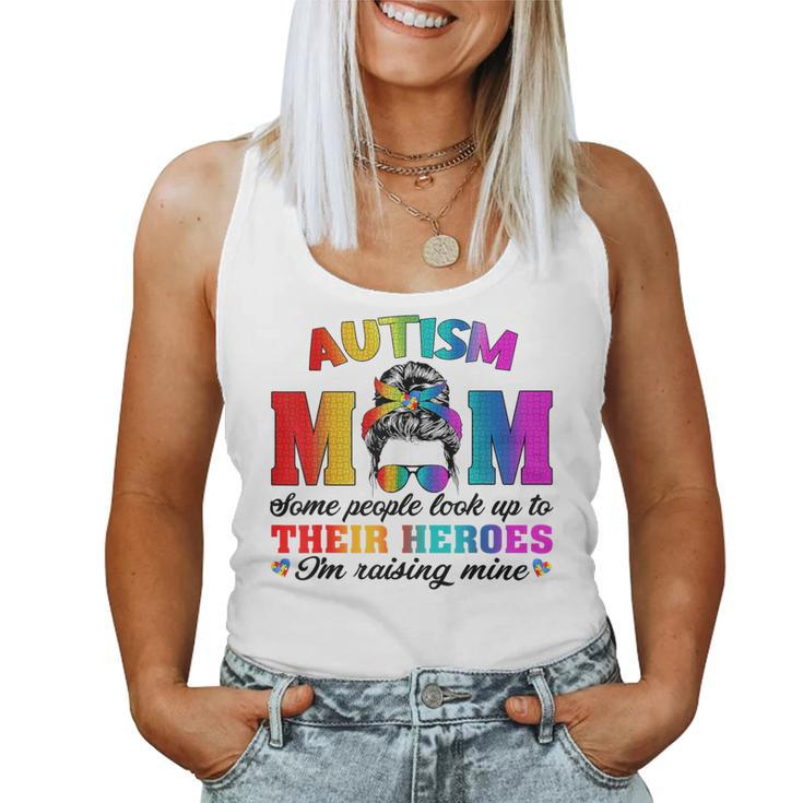 Autism Mom Raising Hero Groovy Messy Bun Autism Awareness Women Tank Top