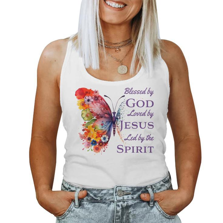 Blessed By God Loved By Jesus Butterfly And Flowers Women Tank Top