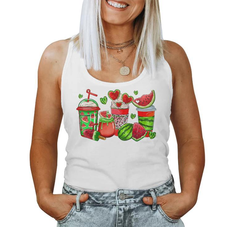 Cute Cups Of Iced Coffee Watermelon Tropical Summer Vacation Women Tank Top