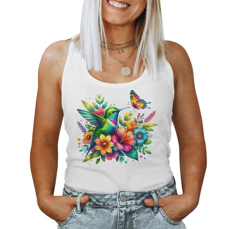 Floral Watercolor Hummingbird & Butterfly Women Tank Top