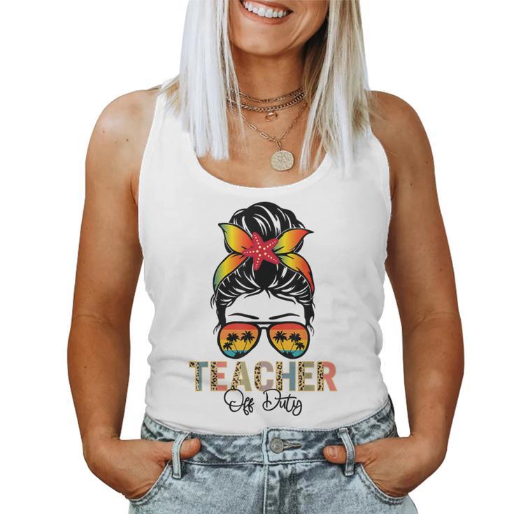 Messy Bun Teacher Off Duty Leopard Happy Last Day Of School Women Tank Top