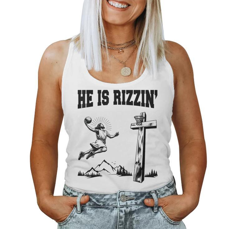 He Is Rizzin Meme Basketball Retro Christian Cross Religious Women Tank Top