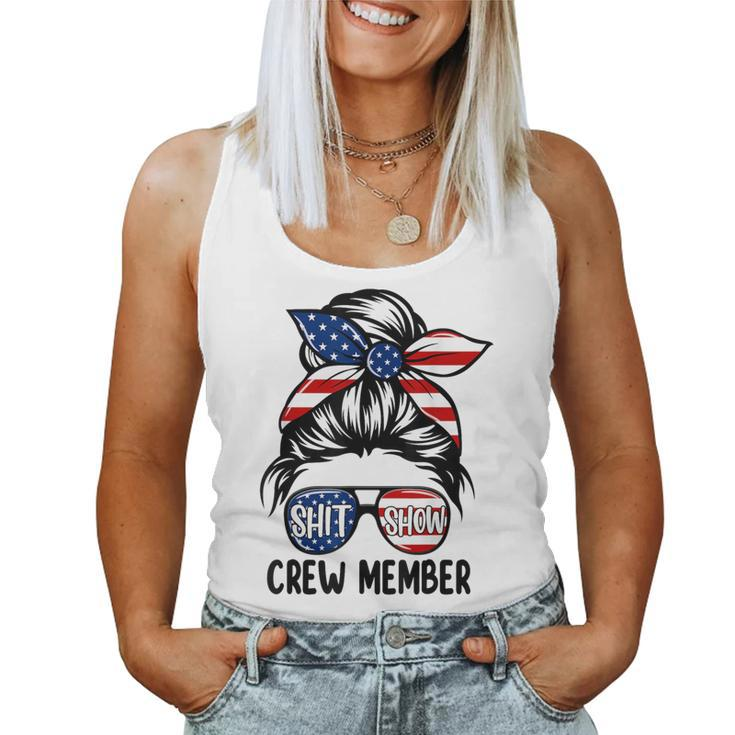 Shit Show Crew Member Amerian Flag Headband Messy Bun Women Tank Top