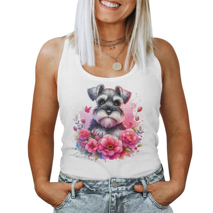 Watercolor Cute Miniature Schnauzer Dog Mom Pink Flowers Women Tank Top