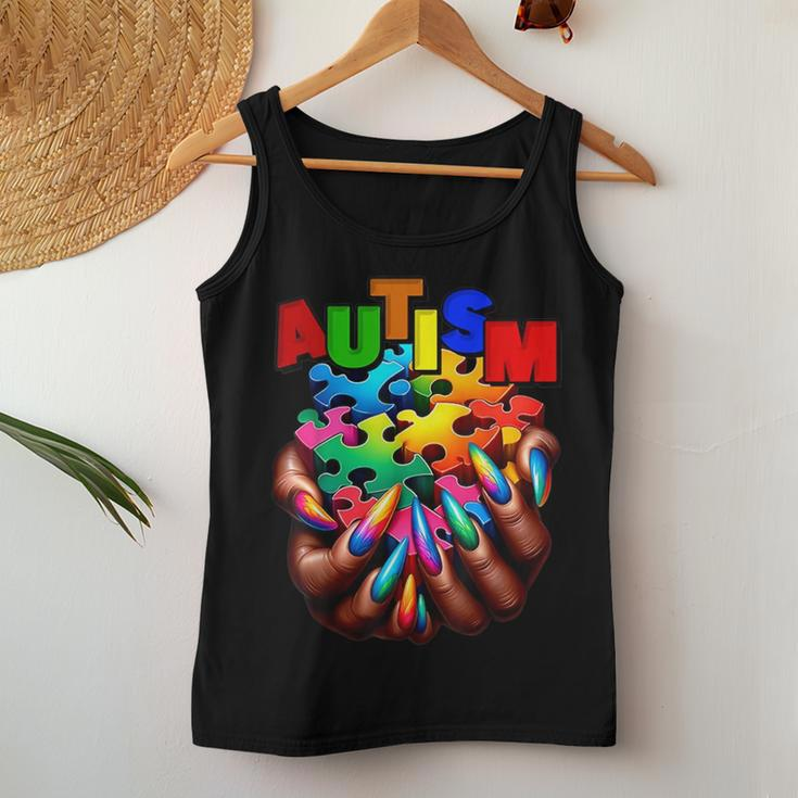 Autism Awareness Hand Black Woman Autism Mom Puzzle Piece Women Tank Top Funny Gifts