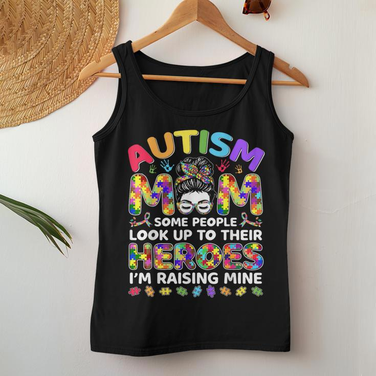 Autism Mom Raising Hero Messy Bun Autism Awareness Women Tank Top Funny Gifts