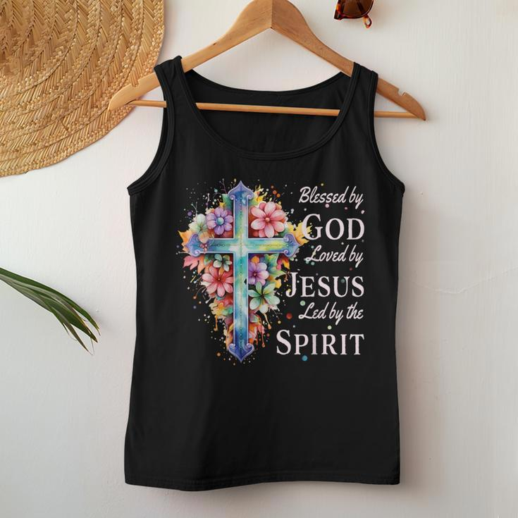 Blessed By God Loved By Jesus Floral Cross Christian Women Tank Top Personalized Gifts