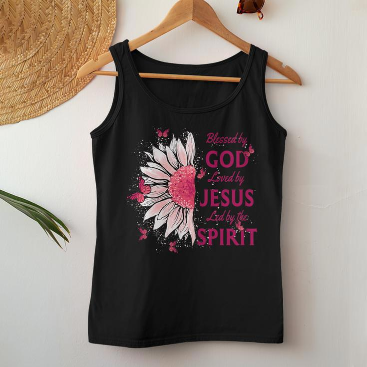 Blessed By God Loved By Jesus Pink Sunflower And Butterfly Women Tank Top Unique Gifts