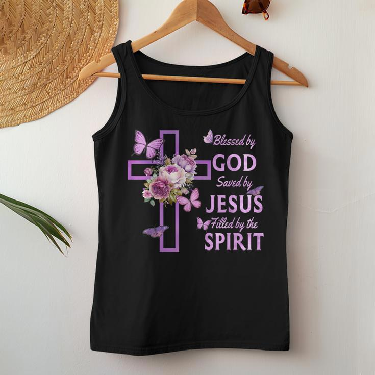 Blessed By God Saved By Jesus Purple Floral Cross Christian Women Tank Top Personalized Gifts