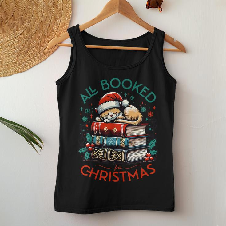 All Booked For Christmas Book Tree Cat Santa Teacher School Women Tank Top Funny Gifts