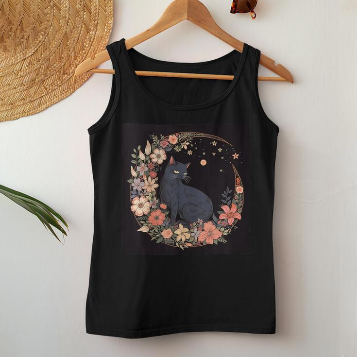 Cat Moon Floral Flowers Graphic Women Tank Top Unique Gifts
