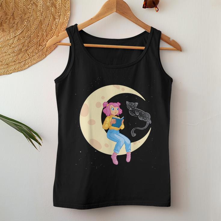 Celestial Cat And Girl Reading Book Read Moon Women Tank Top Unique Gifts