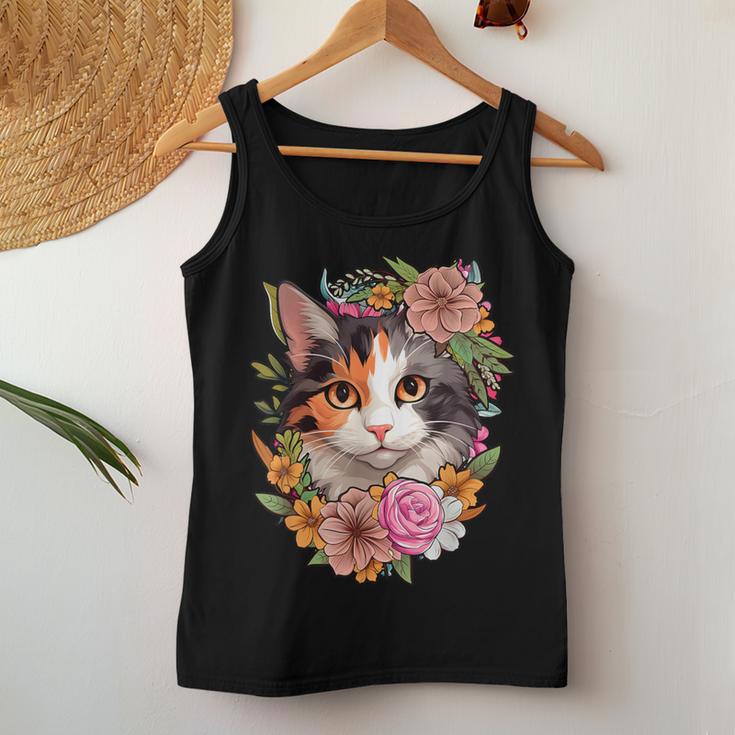 Cute Floral Calico Cat Women Tank Top Unique Gifts