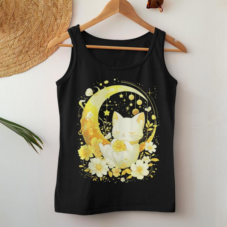 Cute Kawaii Anime Cat Moon Phases Flower Celestial Cat Women Tank Top Unique Gifts