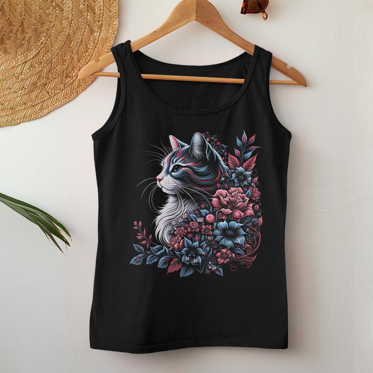 Floral Cat Red White And Blue 4Th Of July Patriotic Women Tank Top Unique Gifts