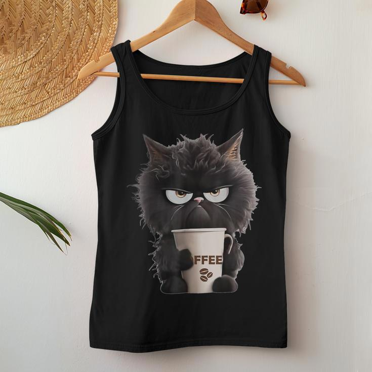 Angry Black Cat Drinking Coffee Loves Coffee Pet Women Tank Top Unique Gifts