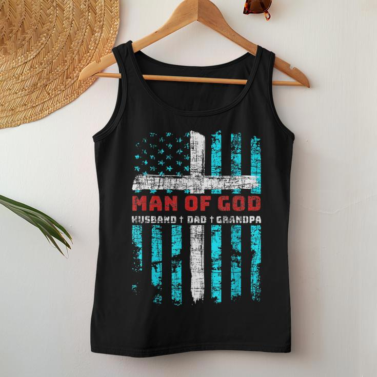 Man Of God Husband Dad Grandpa American Flag Christian Cross Women Tank Top Unique Gifts